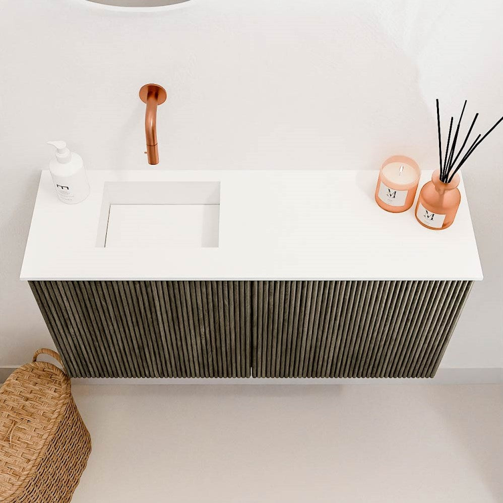JOYA 80cm toiletmeubel kleur Shadow. Wastafel FAYE positie Links Zonder kraangat kleur Talc.