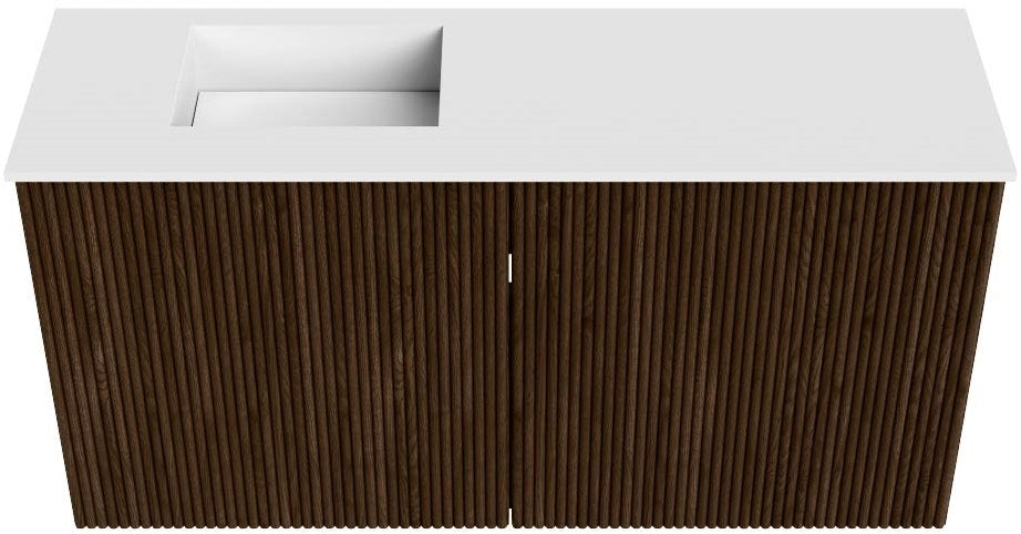 JOYA 80cm toiletmeubel kleur Walnut. Wastafel FAYE positie Links Zonder kraangat kleur Talc.
