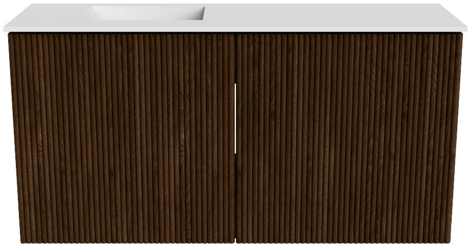 JOYA 80cm toiletmeubel kleur Walnut. Wastafel FAYE positie Links Zonder kraangat kleur Talc.