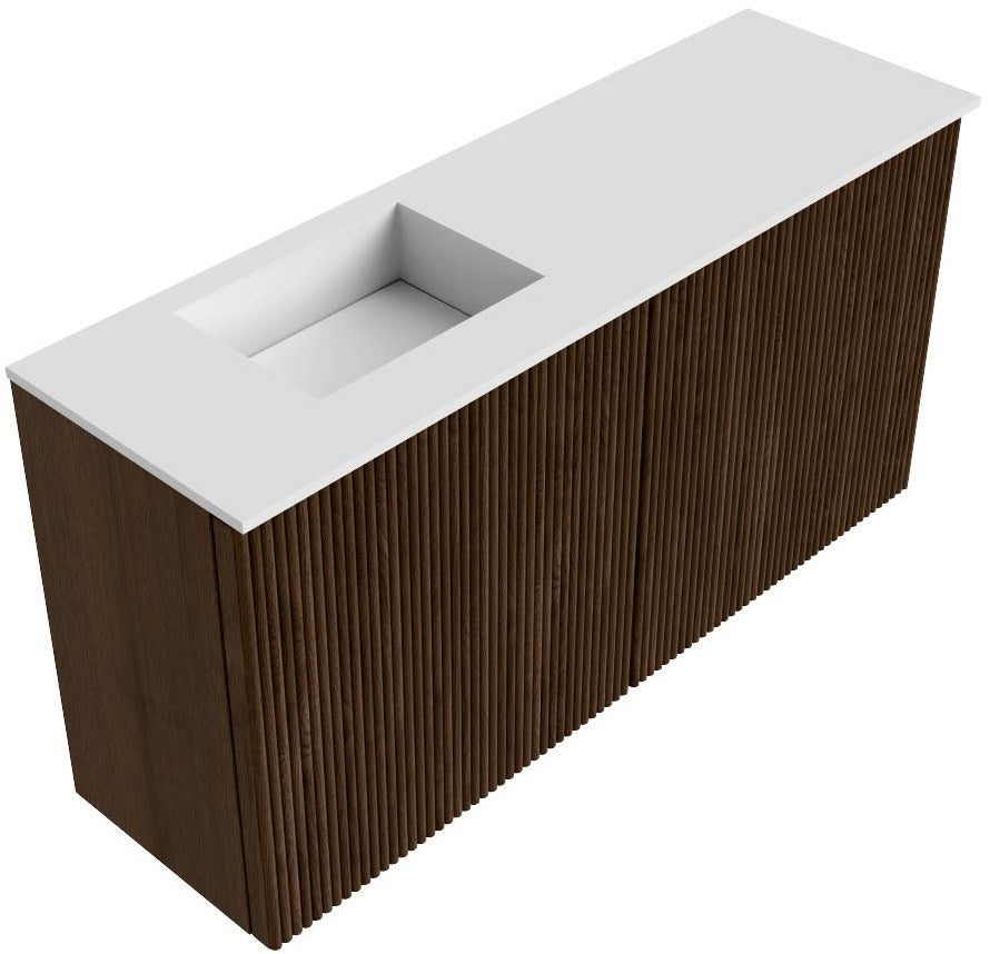 JOYA 80cm toiletmeubel kleur Walnut. Wastafel FAYE positie Links Zonder kraangat kleur Talc.