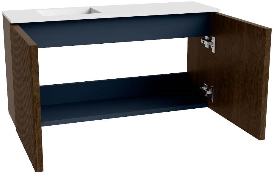 JOYA 80cm toiletmeubel kleur Walnut. Wastafel FAYE positie Links Zonder kraangat kleur Talc.