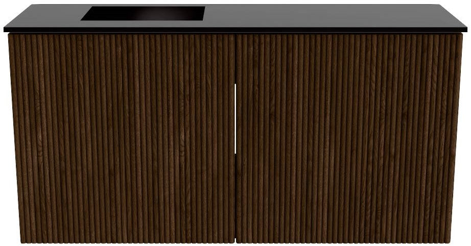 JOYA 80cm toiletmeubel kleur Walnut. Wastafel FAYE positie Links 1 kraangat kleur Urban.
