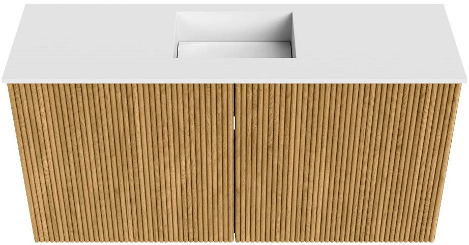 JOYA 80cm toiletmeubel kleur Oak. Wastafel FAYE positie Midden Zonder kraangat kleur Talc.