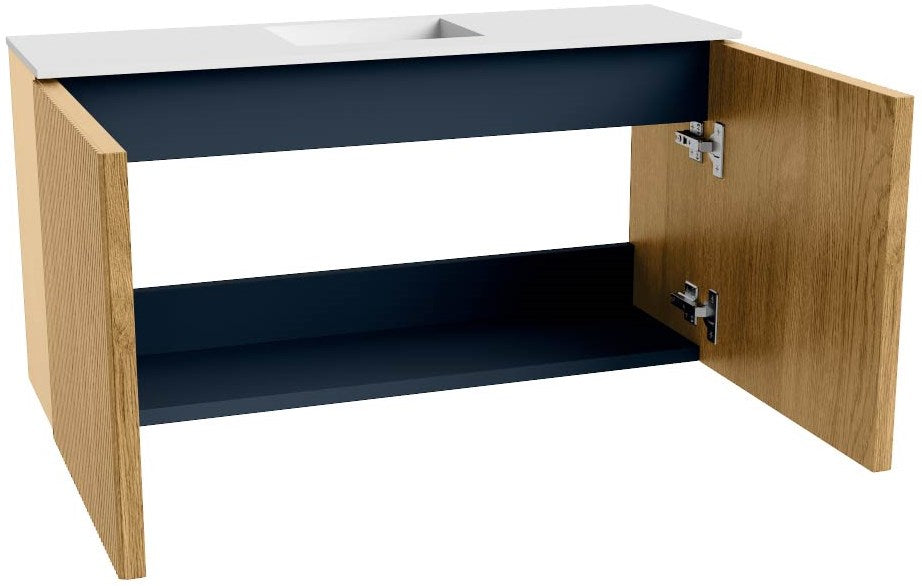 JOYA 80cm toiletmeubel kleur Oak. Wastafel FAYE positie Midden Zonder kraangat kleur Talc.