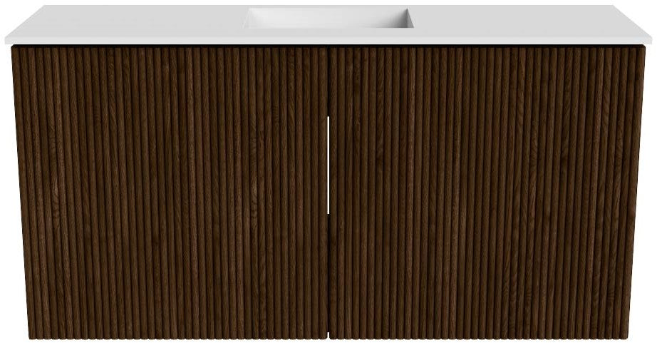 JOYA 80cm toiletmeubel kleur Walnut. Wastafel FAYE positie Midden 1 kraangat kleur Talc.