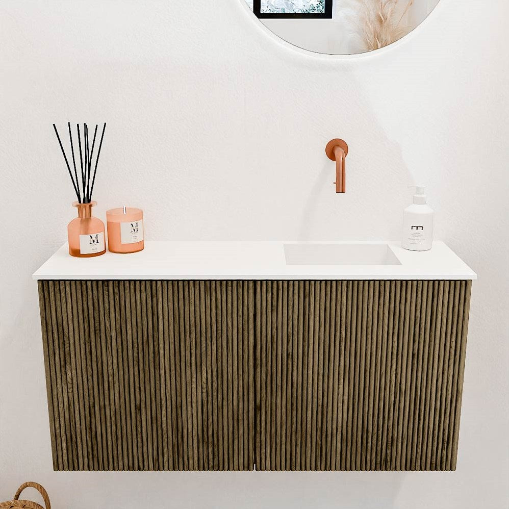 JOYA 80cm toiletmeubel kleur Dusk. Wastafel FAYE positie Rechts Zonder kraangat kleur Talc.