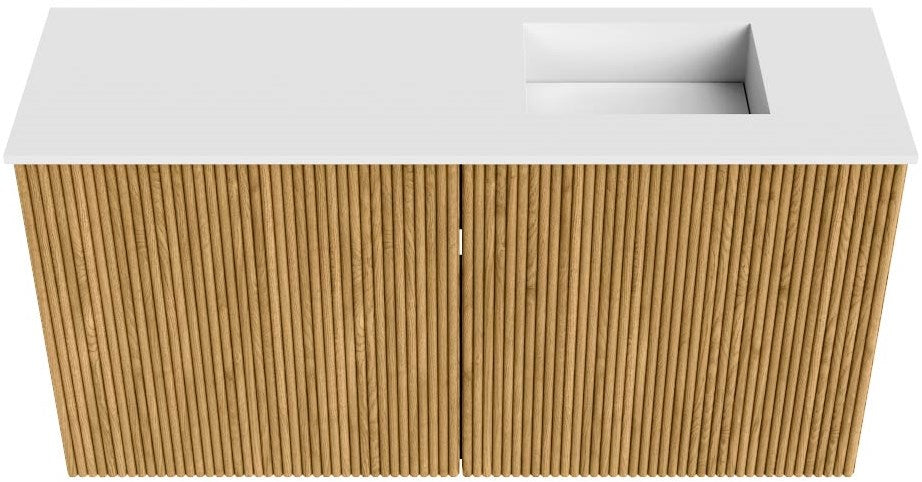 JOYA 80cm toiletmeubel kleur Oak. Wastafel FAYE positie Rechts Zonder kraangat kleur Talc.