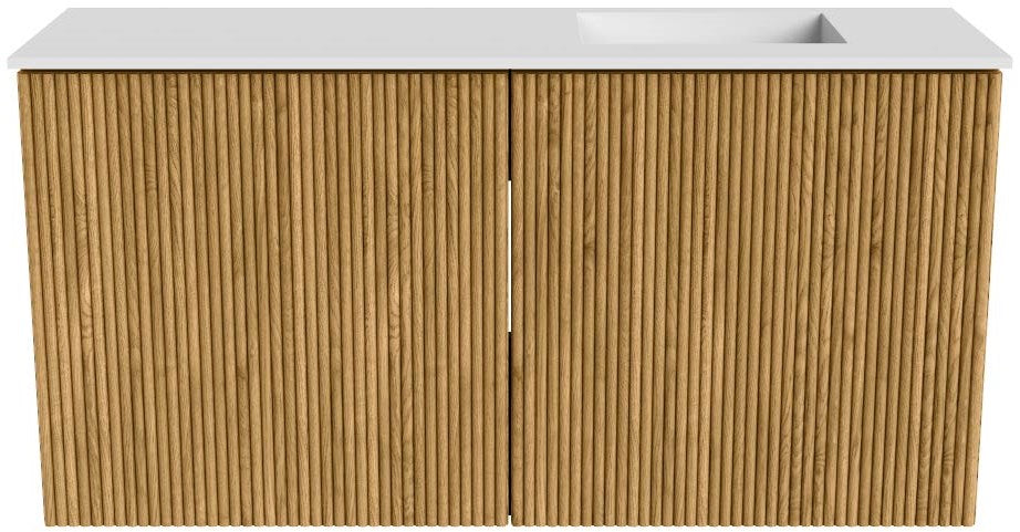 JOYA 80cm toiletmeubel kleur Oak. Wastafel FAYE positie Rechts Zonder kraangat kleur Talc.