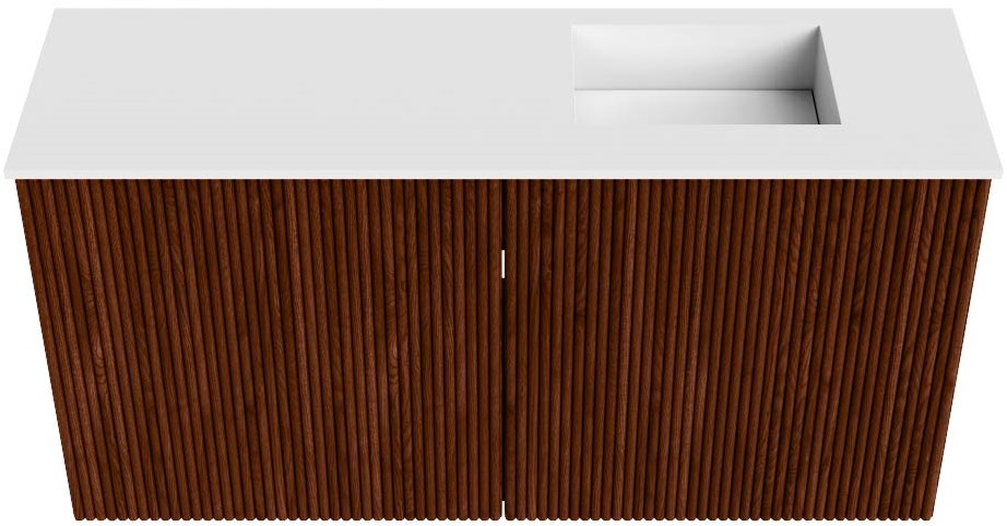 JOYA 80cm toiletmeubel kleur Ruby. Wastafel FAYE positie Rechts Zonder kraangat kleur Talc.