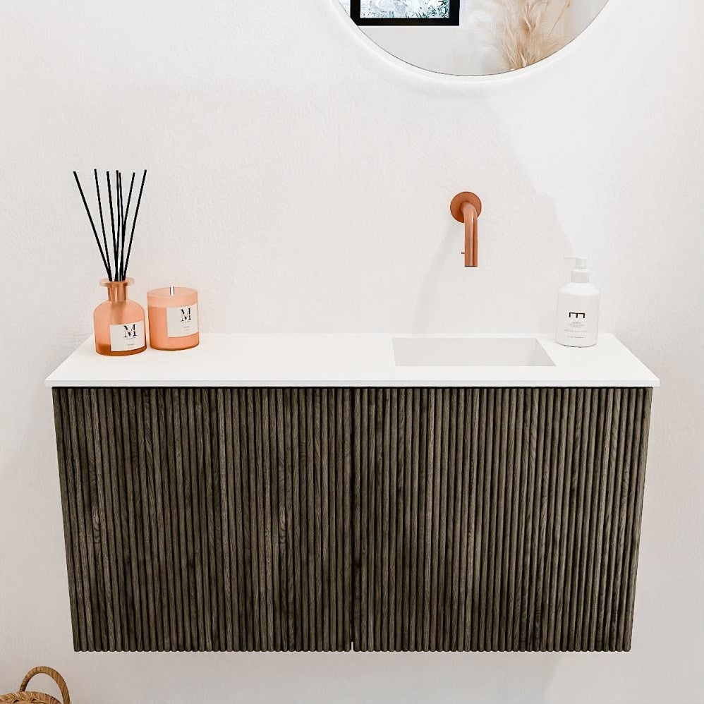 JOYA 80cm toiletmeubel kleur Shadow. Wastafel FAYE positie Rechts Zonder kraangat kleur Talc.