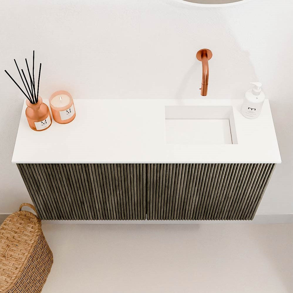 JOYA 80cm toiletmeubel kleur Shadow. Wastafel FAYE positie Rechts Zonder kraangat kleur Talc.