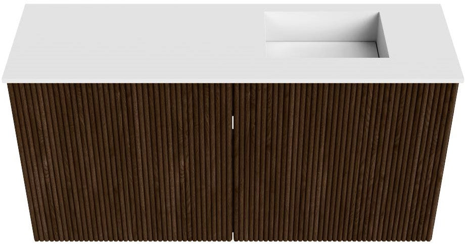 JOYA 80cm toiletmeubel kleur Walnut. Wastafel FAYE positie Rechts Zonder kraangat kleur Talc.