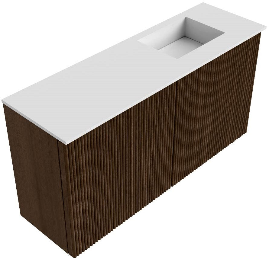 JOYA 80cm toiletmeubel kleur Walnut. Wastafel FAYE positie Rechts Zonder kraangat kleur Talc.