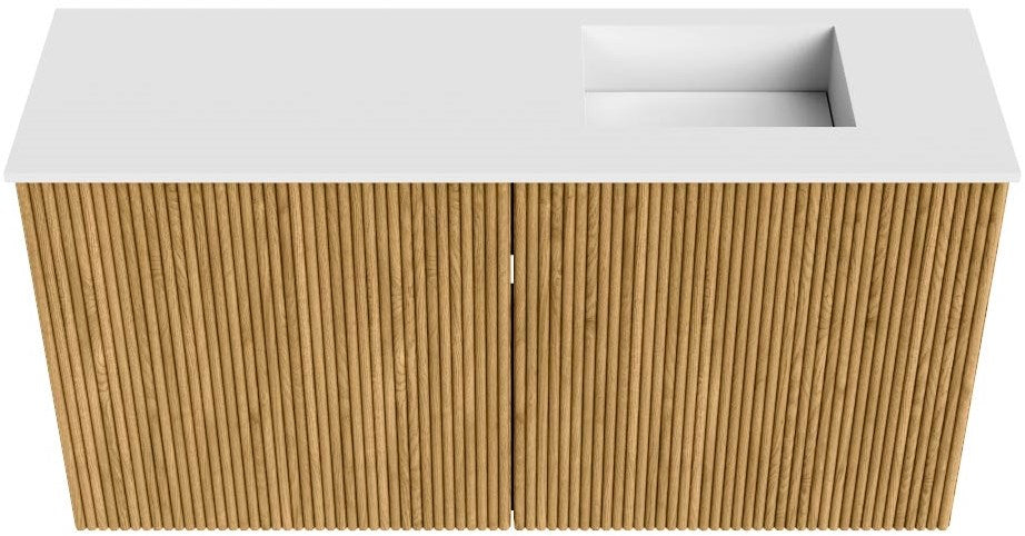 JOYA 80cm toiletmeubel kleur Oak. Wastafel FAYE positie Rechts 1 kraangat kleur Talc.