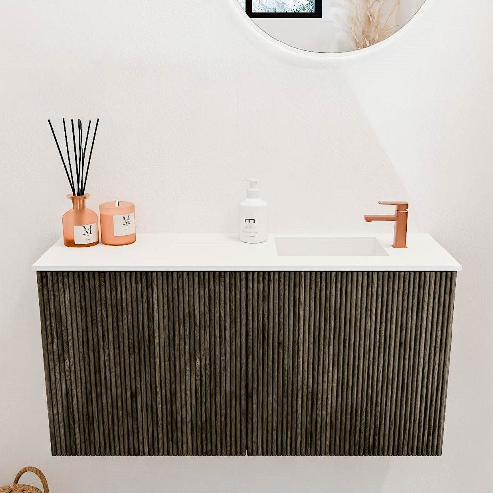 JOYA 80cm toiletmeubel kleur Shadow. Wastafel FAYE positie Rechts 1 kraangat kleur Talc.