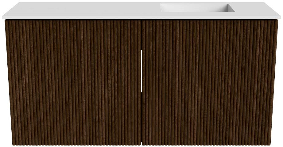 JOYA 80cm toiletmeubel kleur Walnut. Wastafel FAYE positie Rechts 1 kraangat kleur Talc.