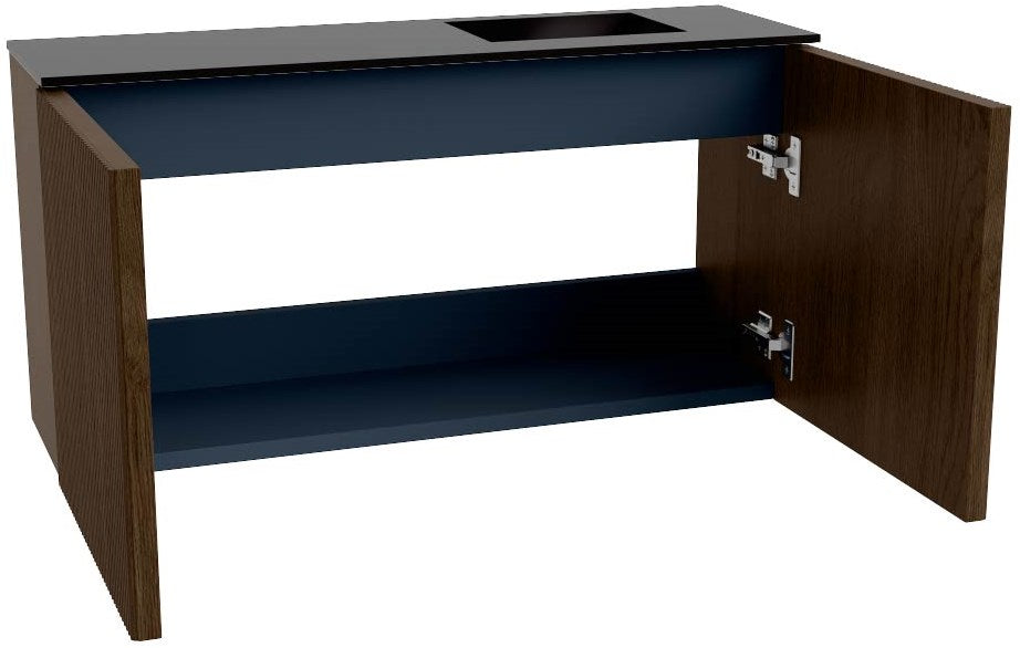 JOYA 80cm toiletmeubel kleur Walnut. Wastafel FAYE positie Rechts 1 kraangat kleur Urban.