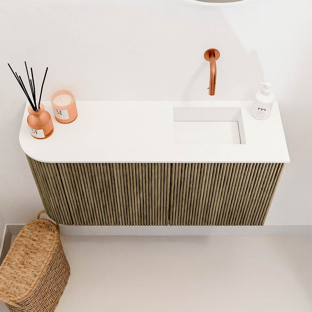 JOYA 81,6cm toiletmeubel ronding links kleur Dusk. Wastafel FAYE positie Rechts Zonder kraangat kleur Talc.