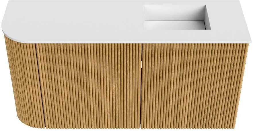 JOYA 81,6cm toiletmeubel ronding links kleur Oak. Wastafel FAYE positie Rechts Zonder kraangat kleur Talc.