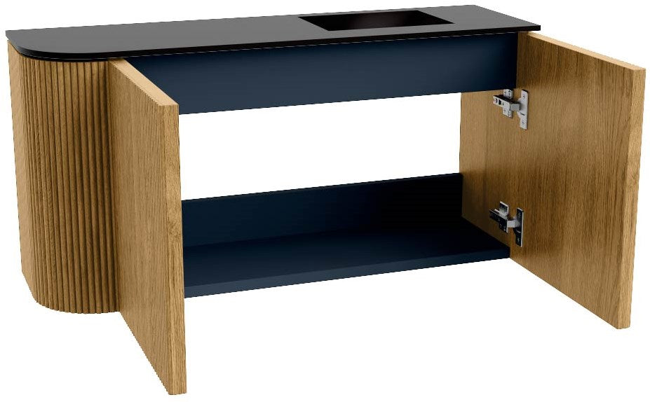 JOYA 81,6cm toiletmeubel ronding links kleur Oak. Wastafel FAYE positie Rechts Zonder kraangat kleur Urban.