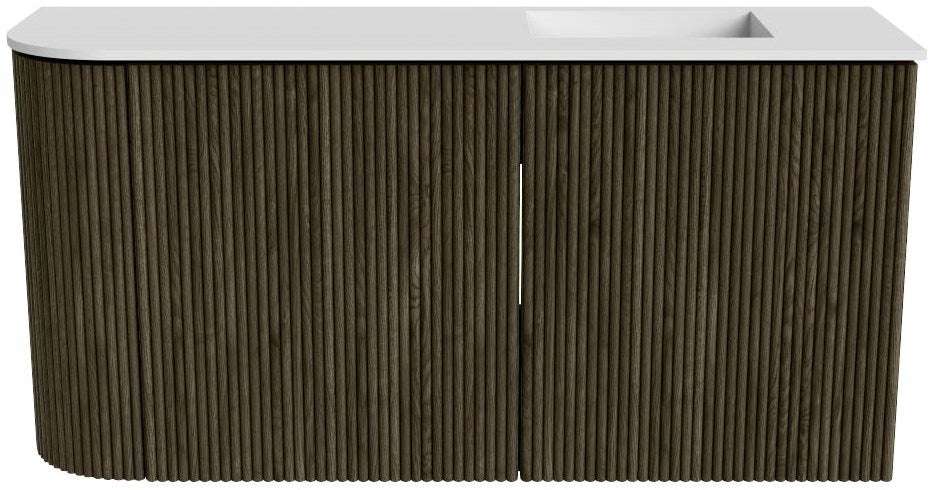 JOYA 81,6cm toiletmeubel ronding links kleur Shadow. Wastafel FAYE positie Rechts Zonder kraangat kleur Talc.