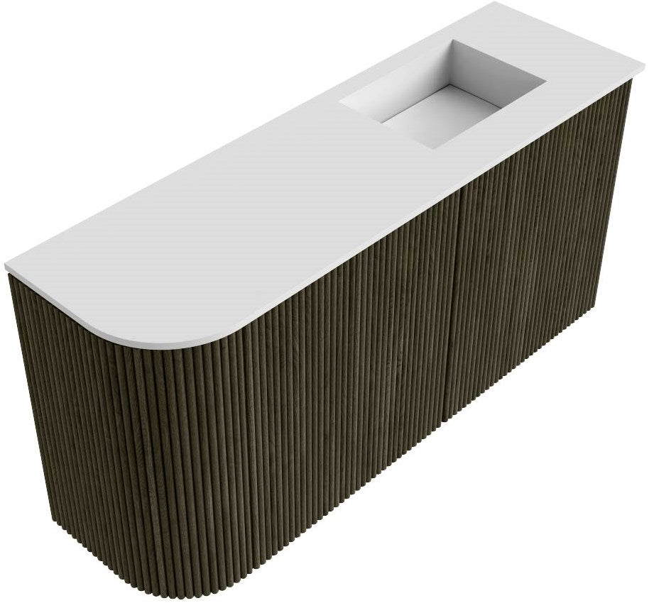 JOYA 81,6cm toiletmeubel ronding links kleur Shadow. Wastafel FAYE positie Rechts Zonder kraangat kleur Talc.