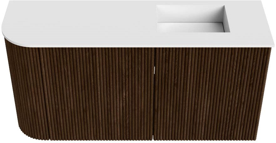 JOYA 81,6cm toiletmeubel ronding links kleur Walnut. Wastafel FAYE positie Rechts Zonder kraangat kleur Talc.