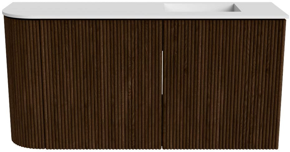 JOYA 81,6cm toiletmeubel ronding links kleur Walnut. Wastafel FAYE positie Rechts Zonder kraangat kleur Talc.