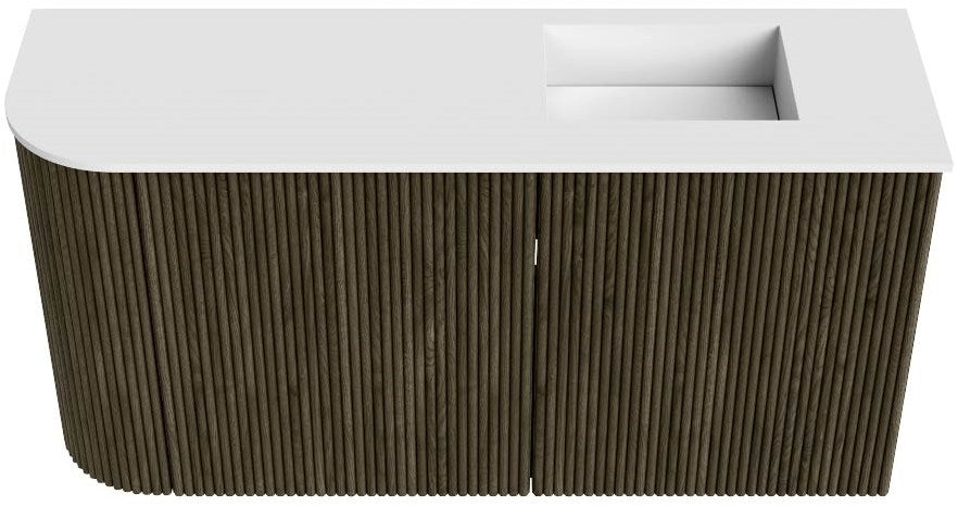 JOYA 81,6cm toiletmeubel ronding links kleur Shadow. Wastafel FAYE positie Rechts 1 kraangat kleur Talc.
