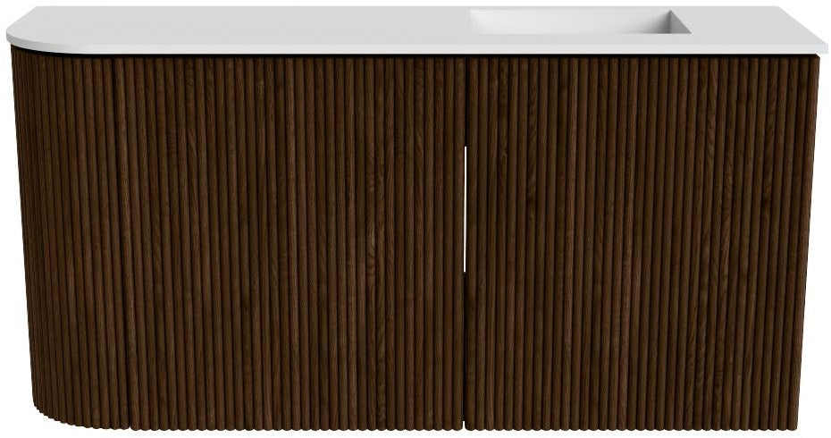 JOYA 81,6cm toiletmeubel ronding links kleur Walnut. Wastafel FAYE positie Rechts 1 kraangat kleur Talc.