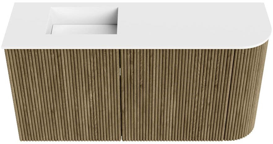 JOYA 81,6cm toiletmeubel ronding rechts kleur Dusk. Wastafel FAYE positie Links Zonder kraangat kleur Talc.