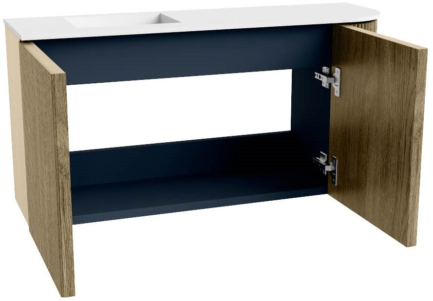 JOYA 81,6cm toiletmeubel ronding rechts kleur Dusk. Wastafel FAYE positie Links Zonder kraangat kleur Talc.