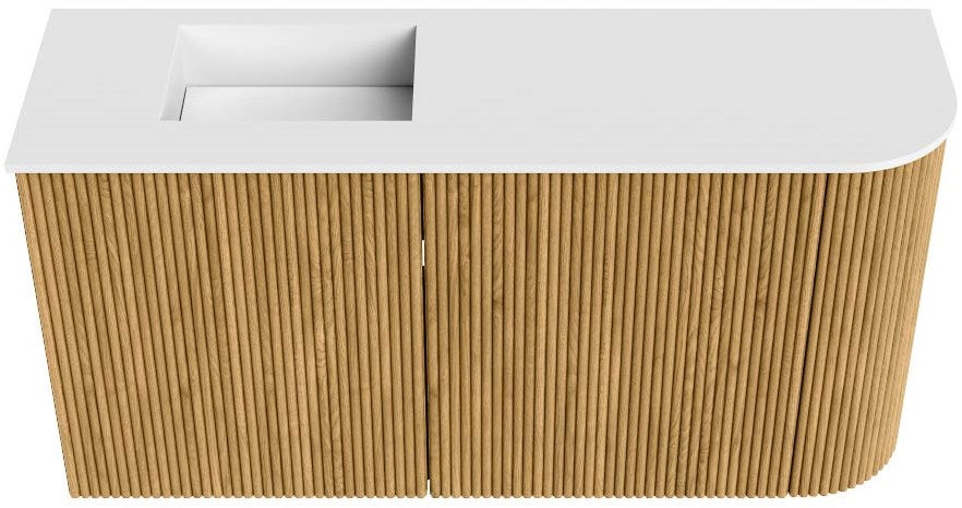 JOYA 81,6cm toiletmeubel ronding rechts kleur Oak. Wastafel FAYE positie Links Zonder kraangat kleur Talc.