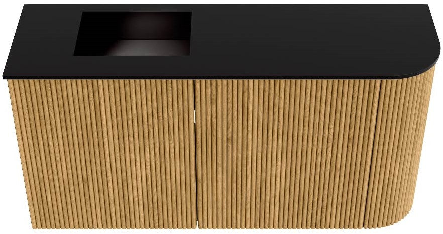 JOYA 81,6cm toiletmeubel ronding rechts kleur Oak. Wastafel FAYE positie Links Zonder kraangat kleur Urban.