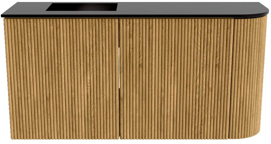 JOYA 81,6cm toiletmeubel ronding rechts kleur Oak. Wastafel FAYE positie Links Zonder kraangat kleur Urban.