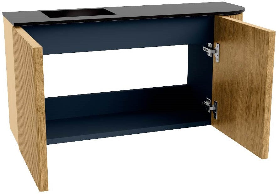 JOYA 81,6cm toiletmeubel ronding rechts kleur Oak. Wastafel FAYE positie Links Zonder kraangat kleur Urban.