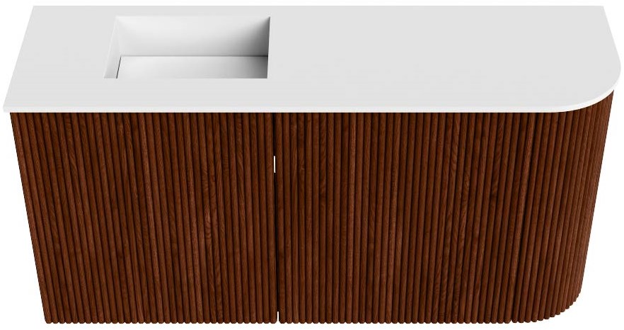 JOYA 81,6cm toiletmeubel ronding rechts kleur Ruby. Wastafel FAYE positie Links Zonder kraangat kleur Talc.