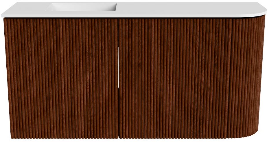 JOYA 81,6cm toiletmeubel ronding rechts kleur Ruby. Wastafel FAYE positie Links Zonder kraangat kleur Talc.