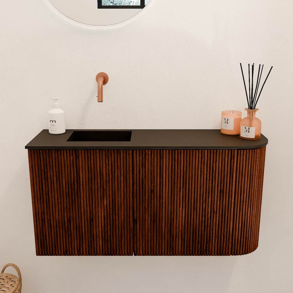 JOYA 81,6cm toiletmeubel ronding rechts kleur Ruby. Wastafel FAYE positie Links Zonder kraangat kleur Urban.