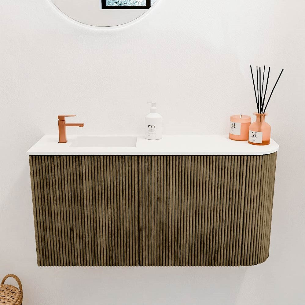 JOYA 81,6cm toiletmeubel ronding rechts kleur Dusk. Wastafel FAYE positie Links 1 kraangat kleur Talc.
