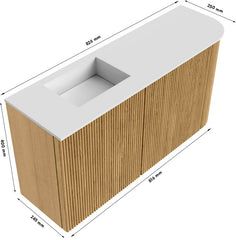 JOYA 81,6cm toiletmeubel ronding rechts kleur Oak. Wastafel FAYE positie Links 1 kraangat kleur Talc.