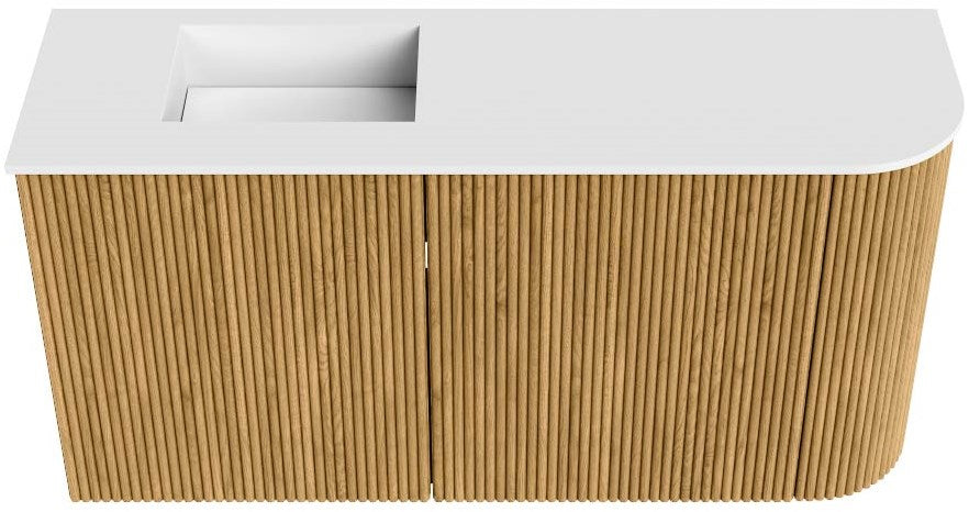 JOYA 81,6cm toiletmeubel ronding rechts kleur Oak. Wastafel FAYE positie Links 1 kraangat kleur Talc.