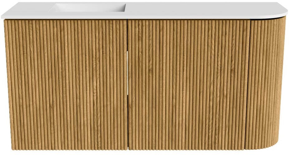 JOYA 81,6cm toiletmeubel ronding rechts kleur Oak. Wastafel FAYE positie Links 1 kraangat kleur Talc.