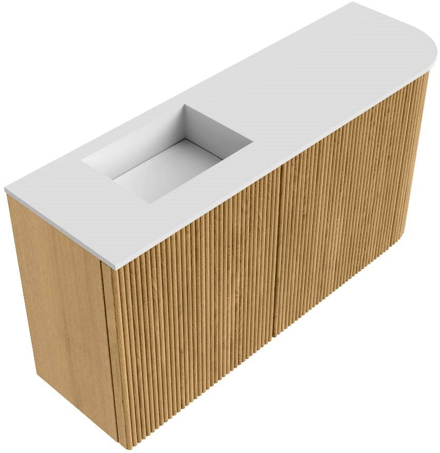 JOYA 81,6cm toiletmeubel ronding rechts kleur Oak. Wastafel FAYE positie Links 1 kraangat kleur Talc.