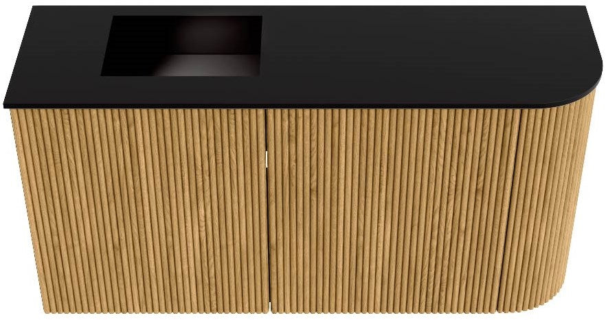 JOYA 81,6cm toiletmeubel ronding rechts kleur Oak. Wastafel FAYE positie Links 1 kraangat kleur Urban.