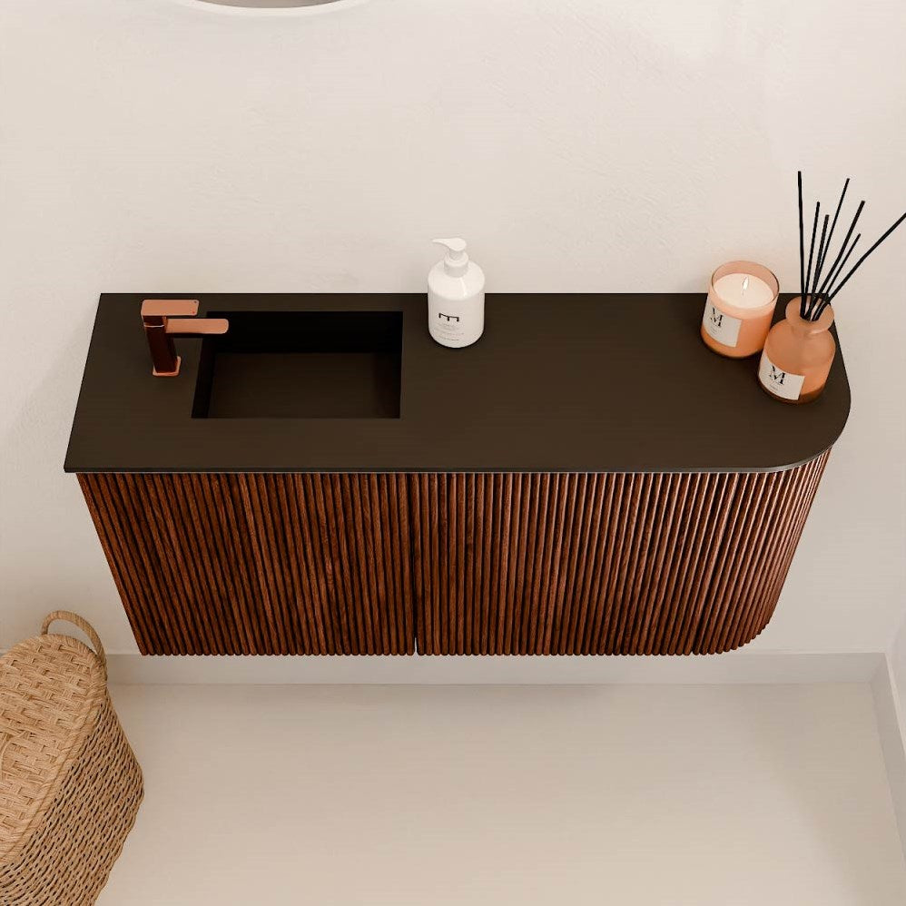 JOYA 81,6cm toiletmeubel ronding rechts kleur Ruby. Wastafel FAYE positie Links 1 kraangat kleur Urban.