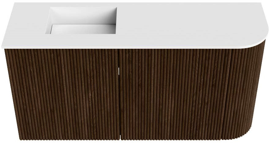 JOYA 81,6cm toiletmeubel ronding rechts kleur Walnut. Wastafel FAYE positie Links 1 kraangat kleur Talc.