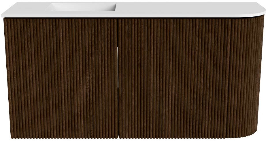 JOYA 81,6cm toiletmeubel ronding rechts kleur Walnut. Wastafel FAYE positie Links 1 kraangat kleur Talc.