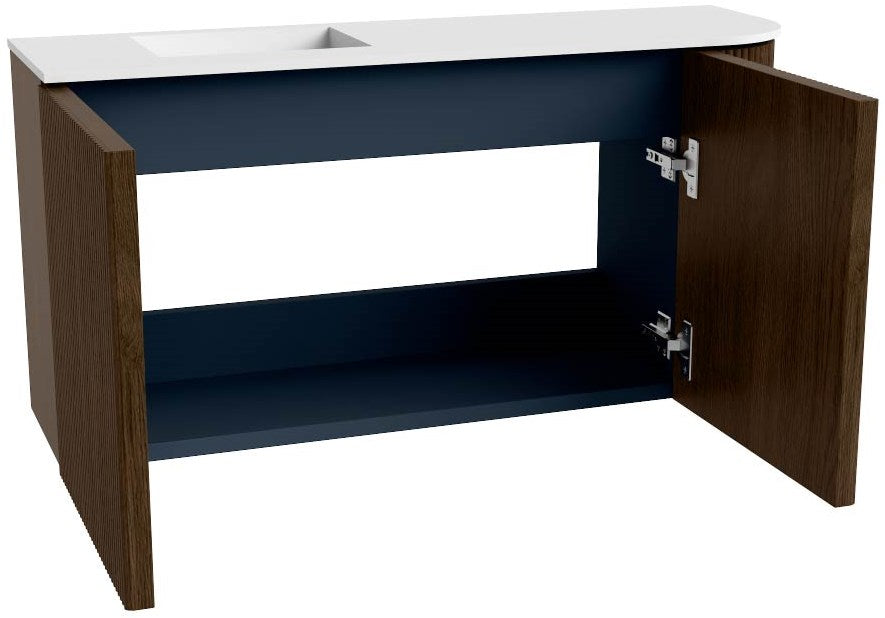 JOYA 81,6cm toiletmeubel ronding rechts kleur Walnut. Wastafel FAYE positie Links 1 kraangat kleur Talc.