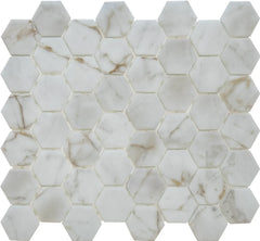 The Mosaic Factory Bianco Marmer Hexagon - Marmer Geprint op Gerecycled Glas, 276x329 mm